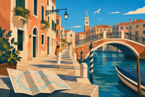 Illustrazione di un canale veneziano con un ponte, una viaggiatrice su una fondamenta e una mappa piegata per un itinerario di due giorni a Venezia