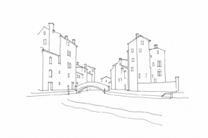 Disegno minimale del Ghetto di Venezia con case alte, ponte e rio