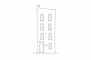 Facciata essenziale del Ghetto con finestre alte e segni discreti