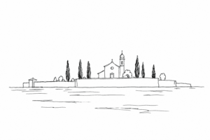 Profilo minimale di San Michele con cipressi e chiesa nella laguna