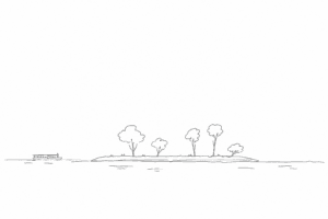 La Certosa vista dalla laguna con alberi e vaporetto stilizzati.