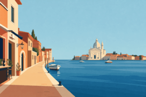 Illustrazione della Giudecca con fondamenta, Redentore e laguna ampia.
