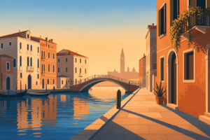 Venezia al tramonto vista da una fondamenta con ponte e acqua calma