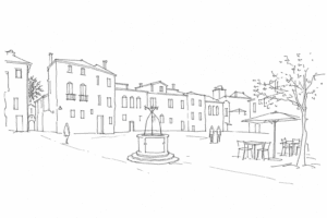 Disegno minimale di Campo Santa Margherita con vera da pozzo e figure leggere
