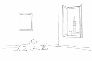 Disegno minimale ispirato a Carpaccio a Venezia con cane, drago e finestra.