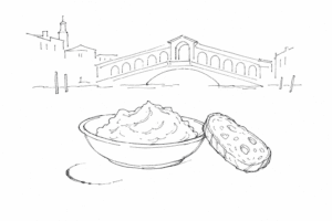 Disegno minimale di baccalà mantecato con ponte veneziano.