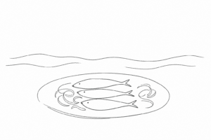 Disegno minimale di sarde in saor con cipolle e onda lagunare.
