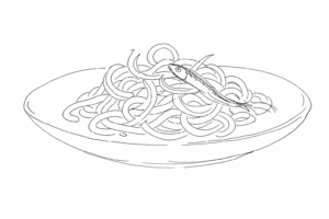 Piatto stilizzato di bigoli in salsa con cipolla e acciuga
