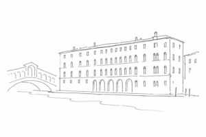 Disegno minimale del Fondaco dei Tedeschi vicino al ponte di Rialto