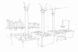 Disegno minimale della Pescheria di Rialto con banchi, colonne e pesci.