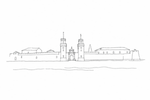 Disegno minimale dell’Arsenale di Venezia con mura e canale