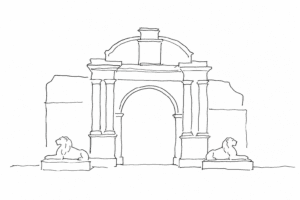 Disegno minimale della Porta Magna dell’Arsenale con due leoni.