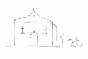 Disegno minimale della Scuola Dalmata con santo e drago stilizzati