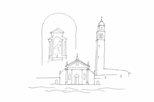 Disegno minimale di San Zaccaria con cripta e pala d'altare