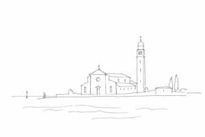 Disegno minimale di San Pietro di Castello con campanile e campo vuoto