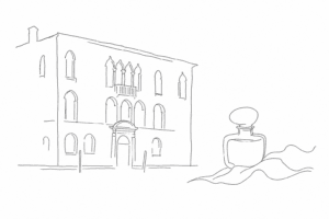 Palazzo Mocenigo stilizzato con ampolla di profumo e tessuto