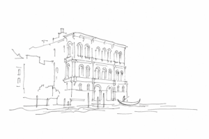 Disegno minimale di Ca’ Pesaro affacciata sul Canal Grande.