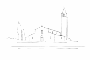 Disegno minimale della basilica di Torcello e della laguna silenziosa