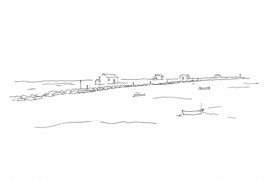 Disegno minimale di Pellestrina con Murazzi, mare e case basse.