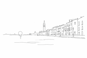 Disegno minimale delle Zattere al sole lungo la laguna
