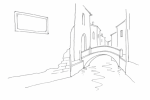 Disegno minimale di un nizioleto su un muro in una calle veneziana.