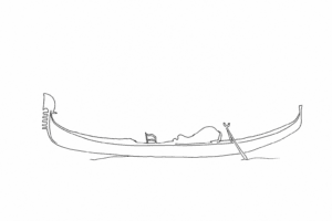 Disegno minimale di una gondola con ferro di prua e remo