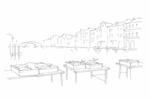 Disegno minimale della Pescheria di Rialto all’alba con banchi e canale
