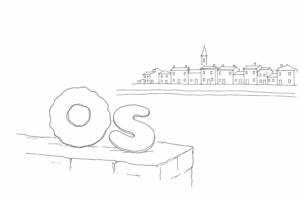 Bussolà ad anello e buranello a S disegnati accanto a un canale di Burano.