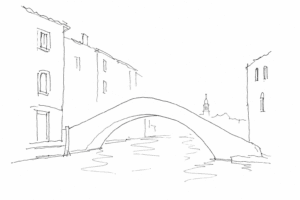 Ponte Chiodo a Cannaregio senza parapetto disegnato a linee nere.