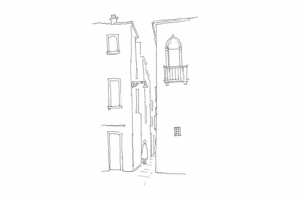 Disegno minimale di una calle veneziana molto stretta.