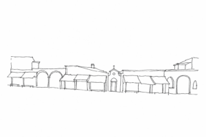 Disegno minimale di San Giovanni Elemosinario tra le botteghe di Rialto