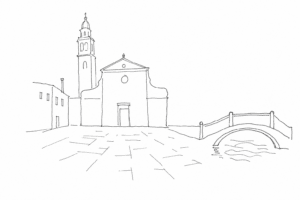 Disegno minimale di San Vidal, Campo Santo Stefano e un ponte storto a Venezia