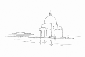 Disegno minimale di San Simeon Piccolo davanti alla stazione di Venezia