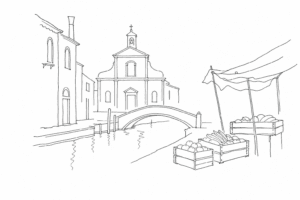 Disegno minimale di San Cassiano tra chiesa, ponte e mercato di Rialto