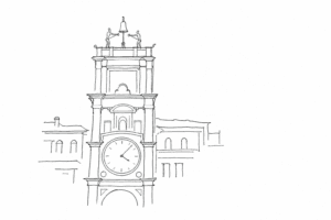 Disegno minimale della Torre dell’Orologio di San Marco con i Mori.