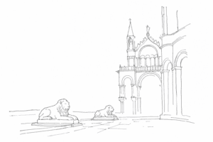 Piazzetta dei Leoncini illustrata con due piccoli leoni