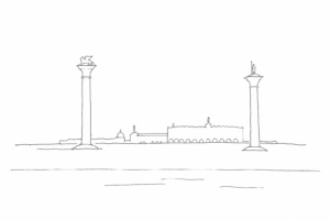 Schizzo minimale del Molo di San Marco con le due colonne e il Bacino.