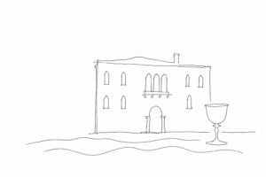 Disegno minimale del Museo del Vetro di Murano con calice stilizzato.