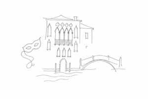 Disegno minimale di Casa Goldoni a San Polo con rio e maschera teatrale