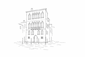 Disegno minimale di Ca’ Dario affacciata sul Canal Grande