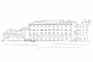Disegno minimale del Fondaco dei Tedeschi vicino a Rialto.