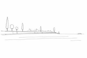 Disegno minimale della Riva dei Sette Martiri con alberi e laguna.