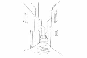 Disegno minimale di una salizada veneziana con ponte e facciate essenziali