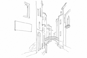Disegno minimale di una calle veneziana stretta evocativa della Calle dei Assassini