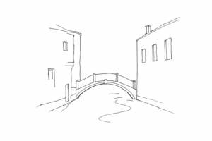 Disegno minimale del Ponte delle Tette su un rio veneziano.