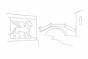 Disegno minimale di un leone marciano su una pietra vicino a un rio veneziano