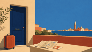 Illustrazione editoriale di una base a Mestre centro con valigia, mappa e richiamo grafico a Venezia