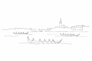 Barche della Regata Storica disegnate a linee nere sul Canal Grande.