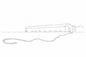 Disegno minimale delle Corderie dell’Arsenale con una corda in primo piano
