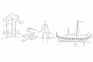 Disegno minimale dell’Arsenale con scafo e attrezzi da marangone.